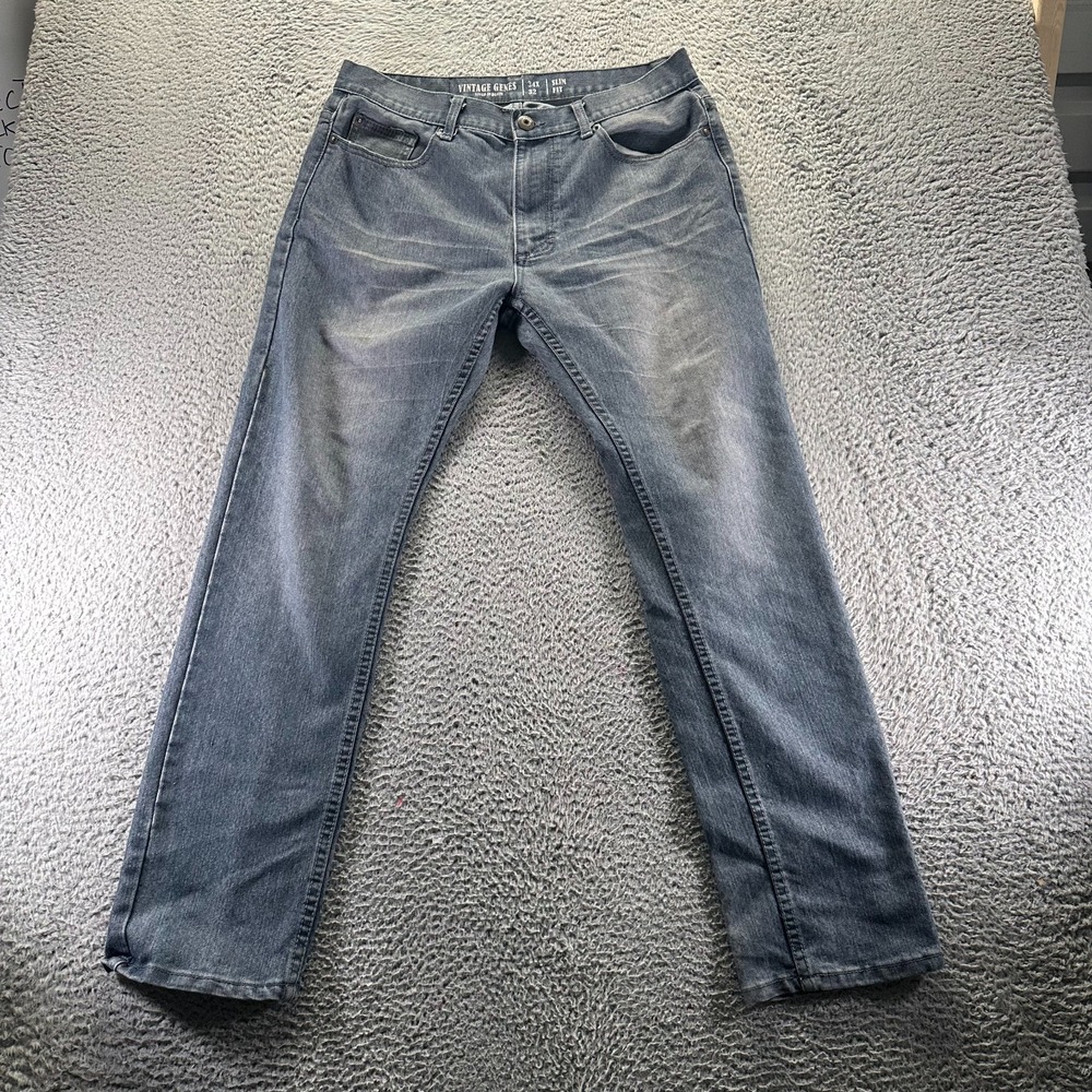 Vintage Genes Jeans Mens 34x32 Blue Cotton Denim Straight Leg Stretch Slim Faded